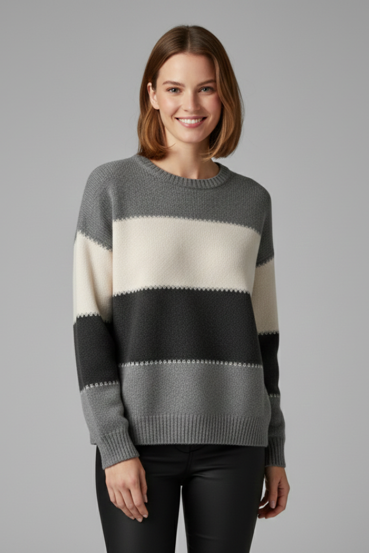 Thea | Women's Sweater | Striped Knit Round Neck Ribbed Trim
