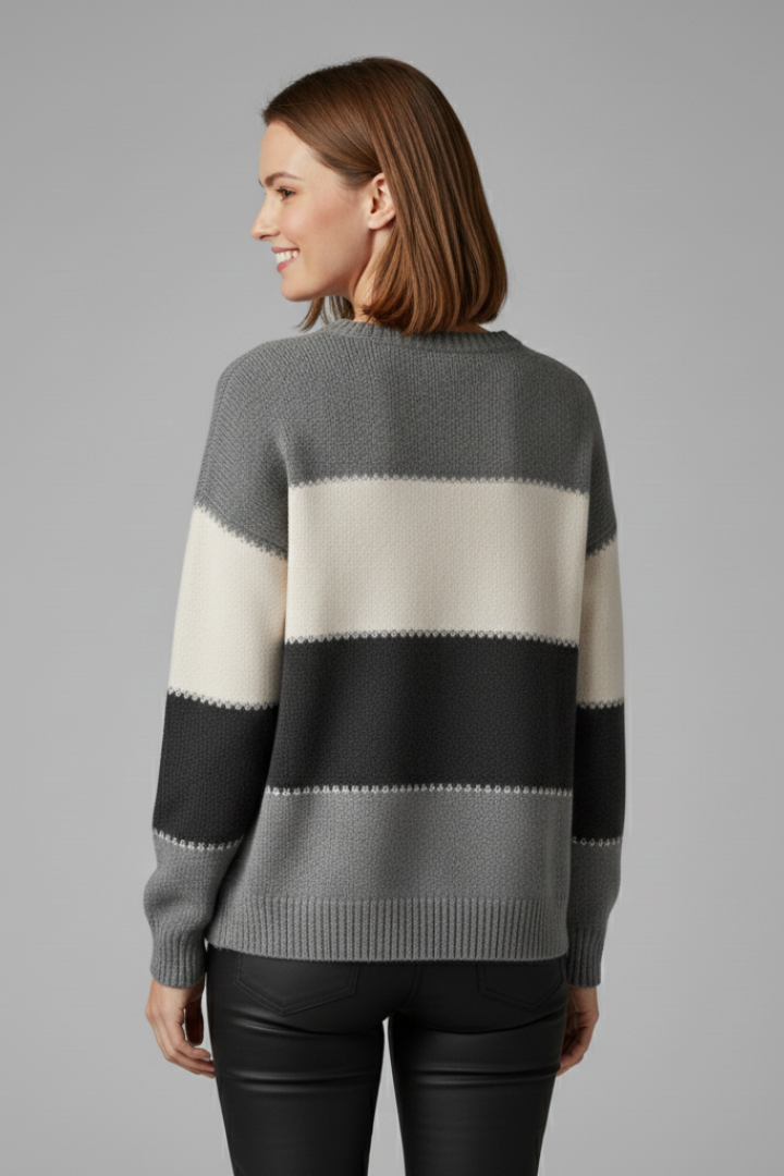 Thea | Women's Sweater | Striped Knit Round Neck Ribbed Trim