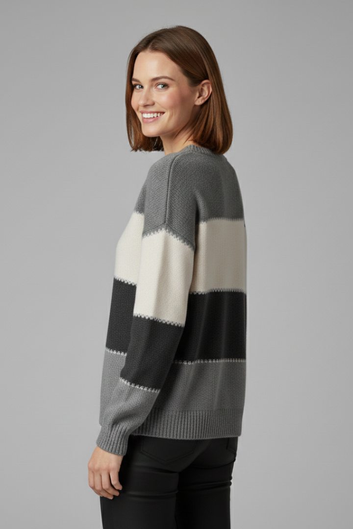 Thea | Women's Sweater | Striped Knit Round Neck Ribbed Trim
