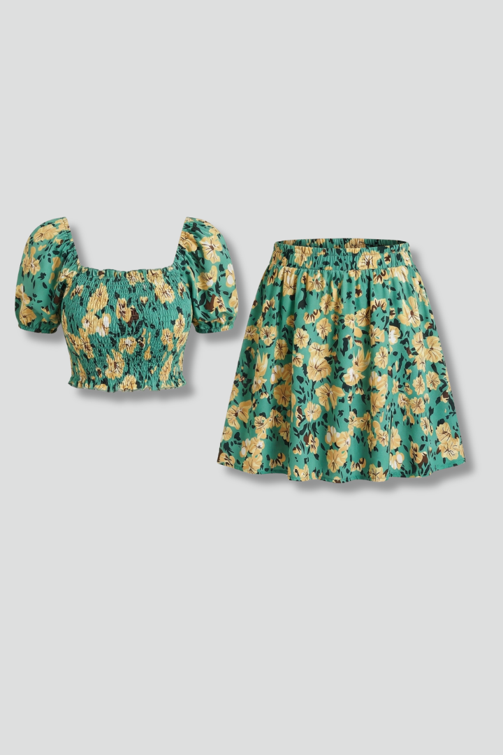 Iola | Women's Top Skirt Set | Square Neck Elastic Waist