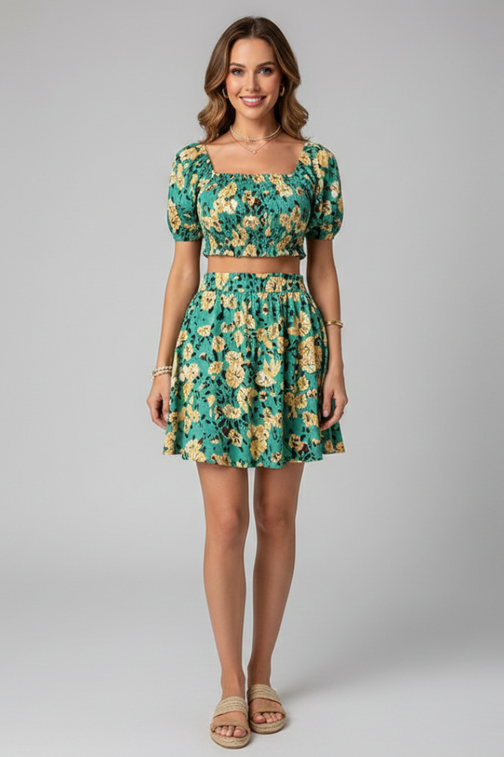 Iola | Women's Top Skirt Set | Square Neck Elastic Waist