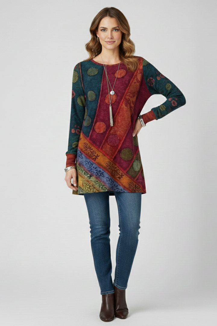Hebe | Women's Tunic Top | Patchwork Pattern Ribbed Cuffs