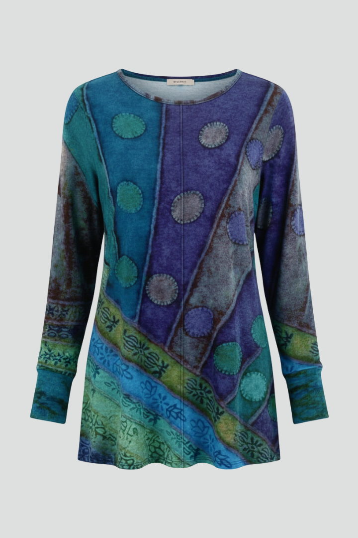 Hebe | Women's Tunic Top | Patchwork Pattern Ribbed Cuffs