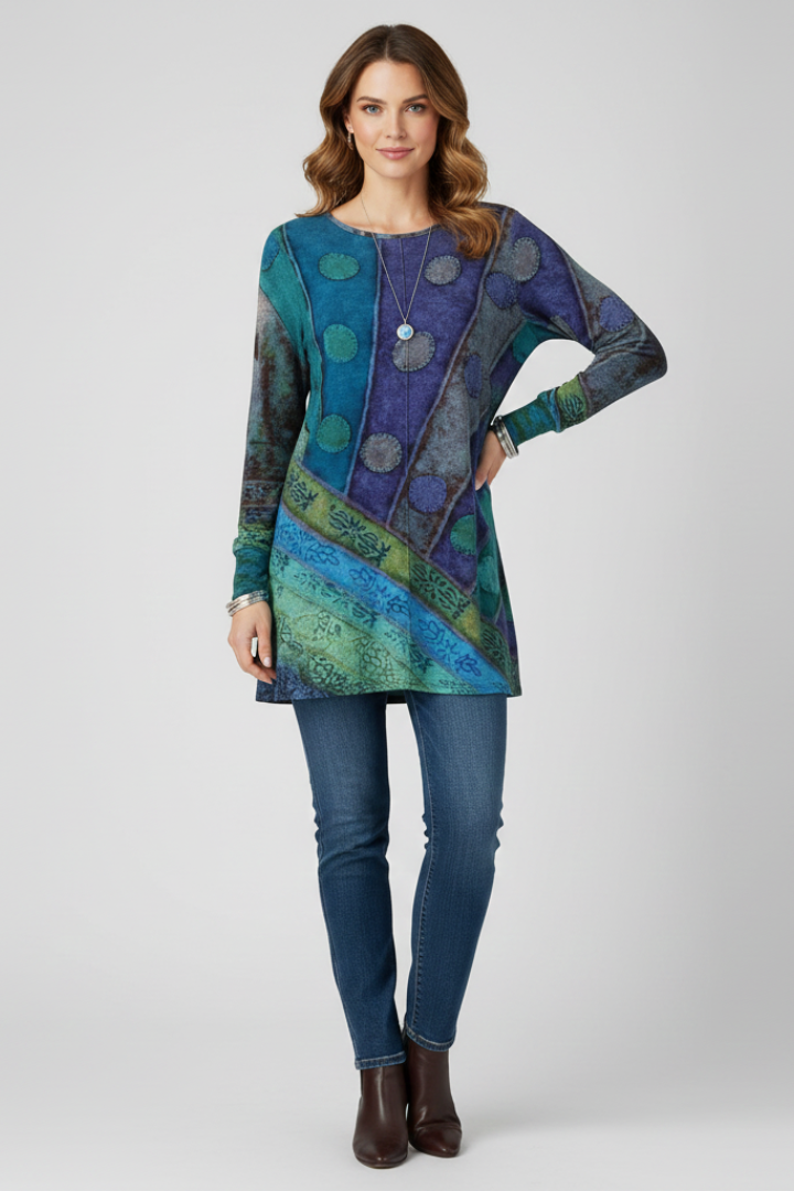 Hebe | Women's Tunic Top | Patchwork Pattern Ribbed Cuffs