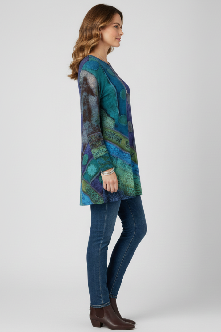 Hebe | Women's Tunic Top | Patchwork Pattern Ribbed Cuffs