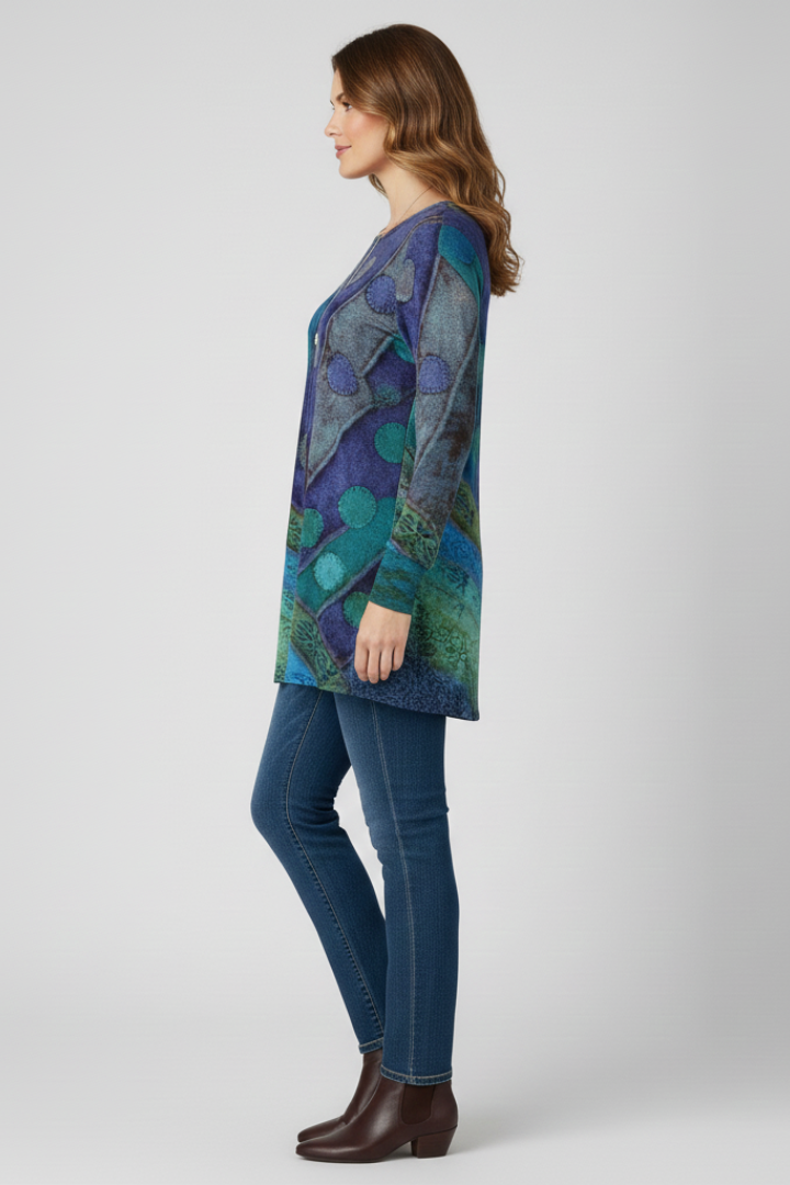 Hebe | Women's Tunic Top | Patchwork Pattern Ribbed Cuffs