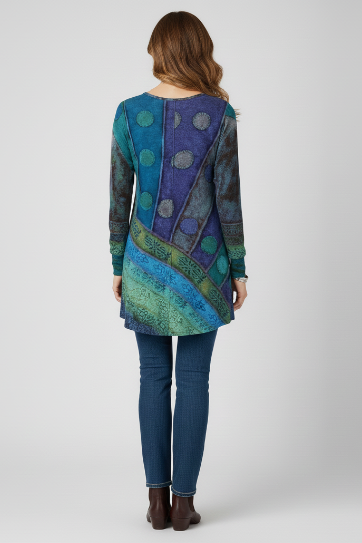 Hebe | Women's Tunic Top | Patchwork Pattern Ribbed Cuffs