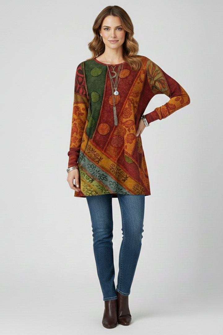 Hebe | Women's Tunic Top | Patchwork Pattern Ribbed Cuffs