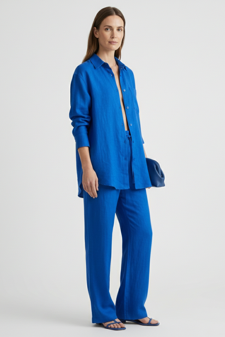 Tara | Women's Two-Piece Set | Button Shirt Straight Trousers