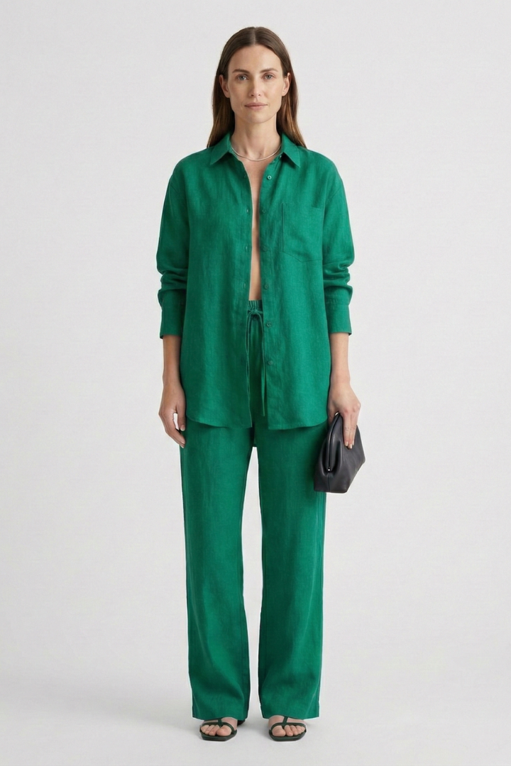 Tara | Women's Two-Piece Set | Button Shirt Straight Trousers