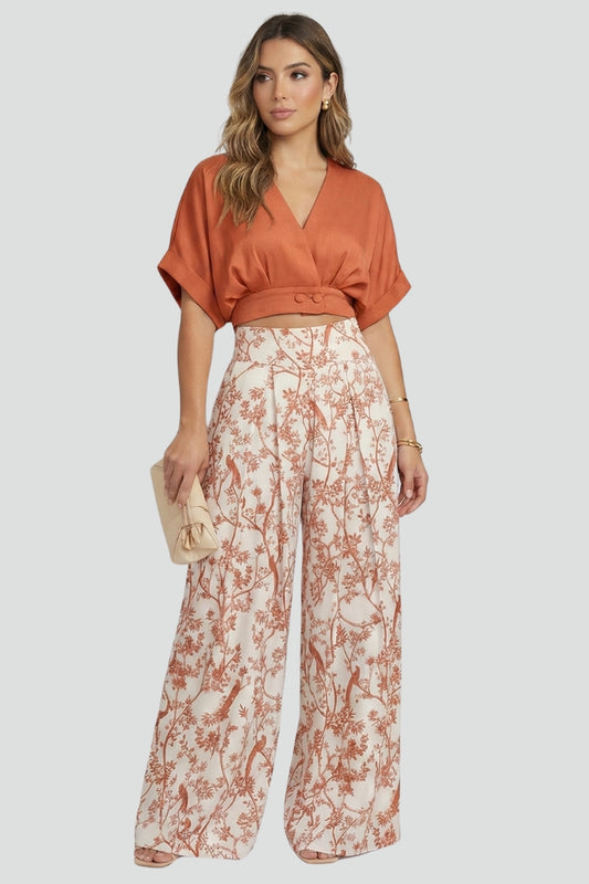 Wren | Women's Two-Piece Set | V-Neck Top Wide-Leg Trousers