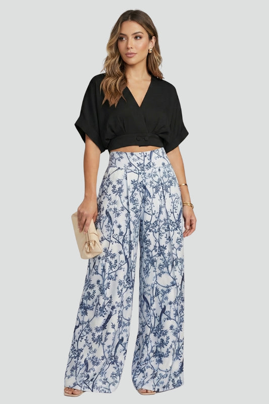 Wren | Women's Two-Piece Set | V-Neck Top Wide-Leg Trousers