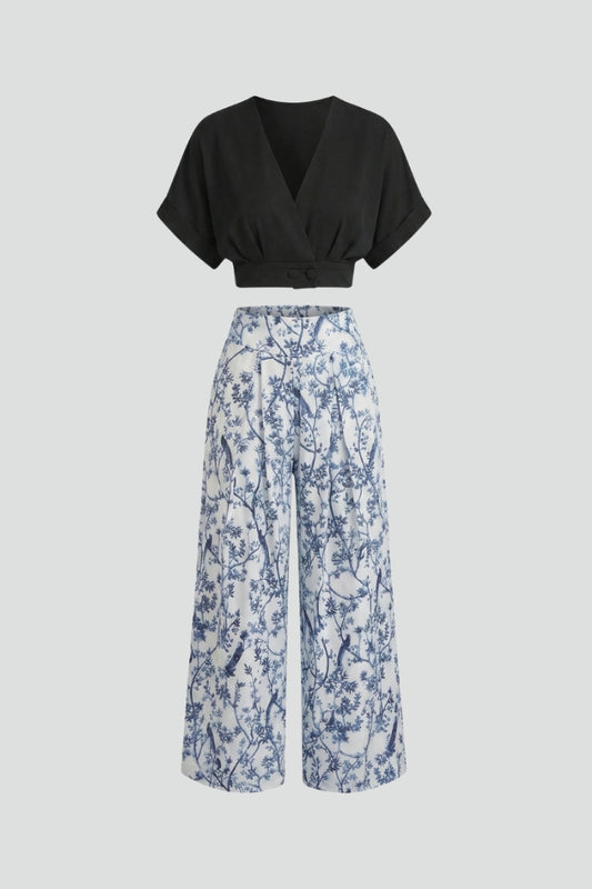 Wren | Women's Two-Piece Set | V-Neck Top Wide-Leg Trousers