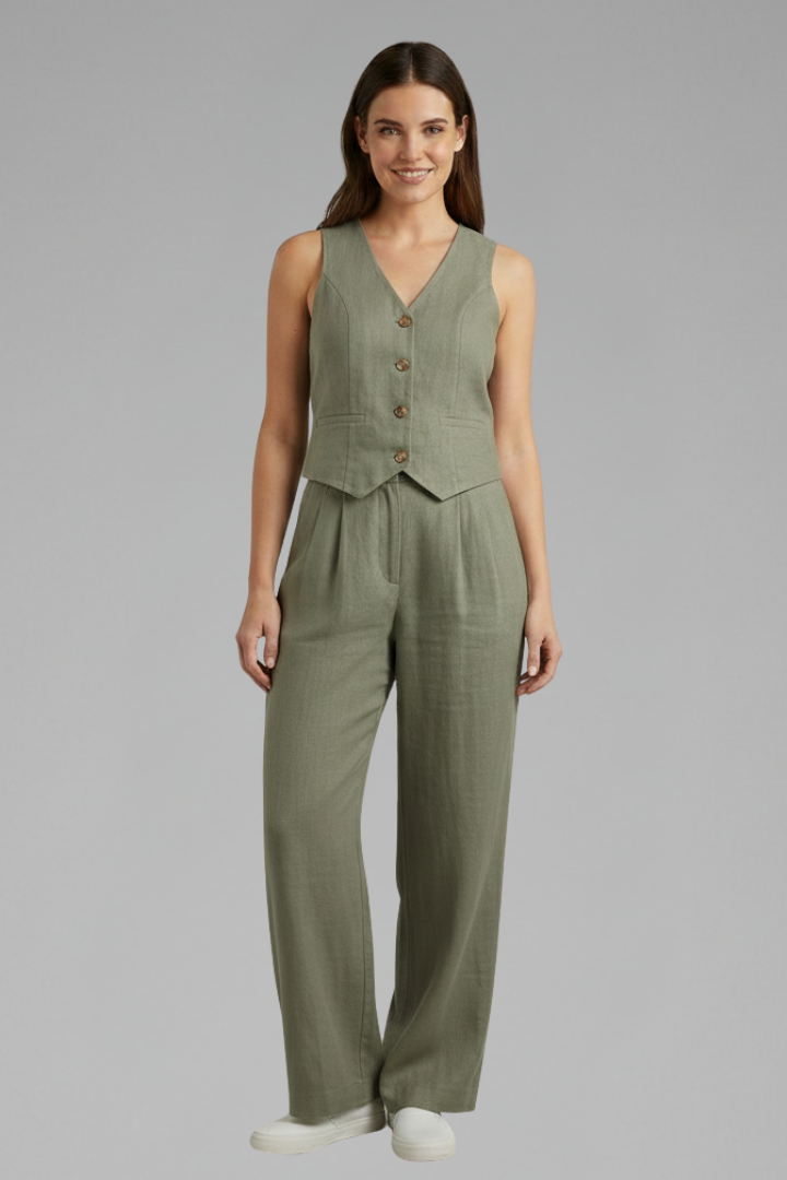 Yael | Women's Two-Piece Set | V-Neck Waistcoat Wide Trousers