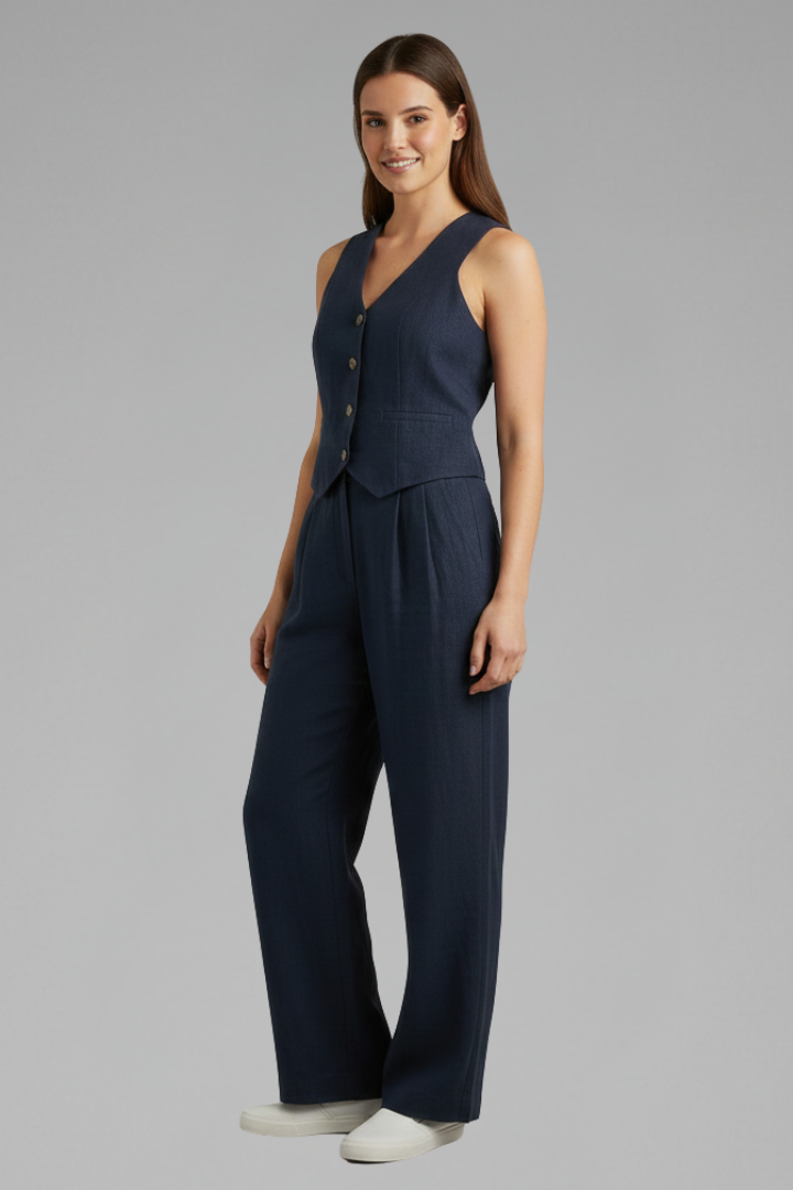 Yael | Women's Two-Piece Set | V-Neck Waistcoat Wide Trousers