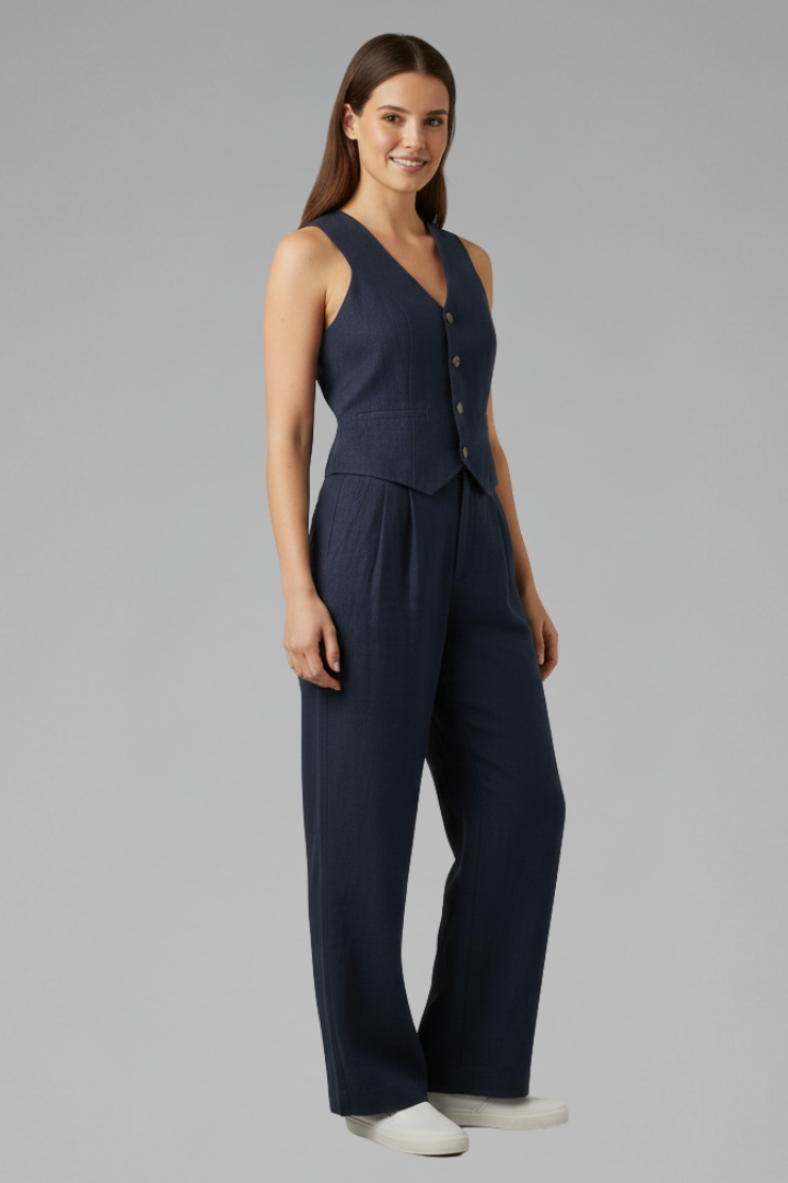 Yael | Women's Two-Piece Set | V-Neck Waistcoat Wide Trousers
