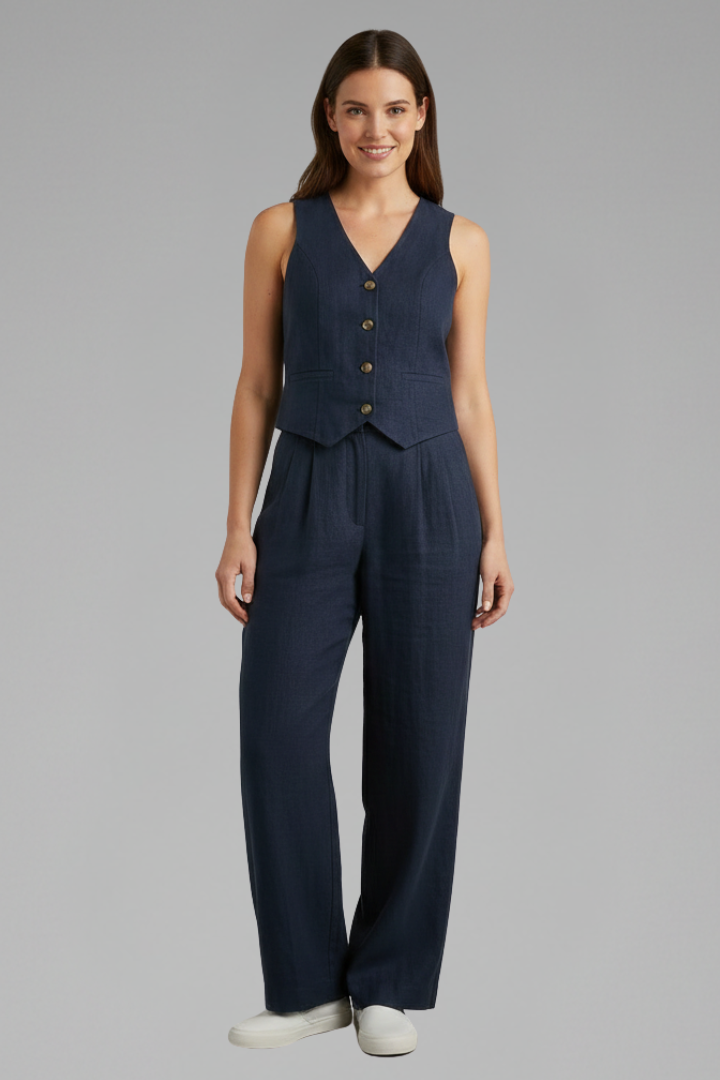 Yael | Women's Two-Piece Set | V-Neck Waistcoat Wide Trousers