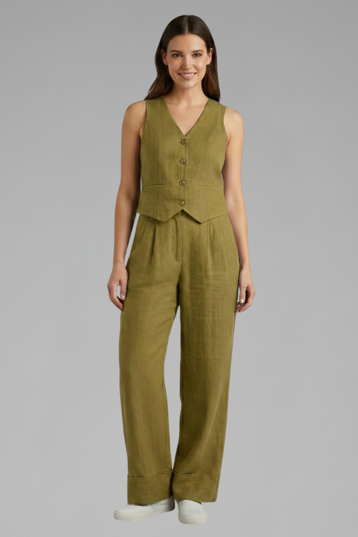 Yael | Women's Two-Piece Set | V-Neck Waistcoat Wide Trousers