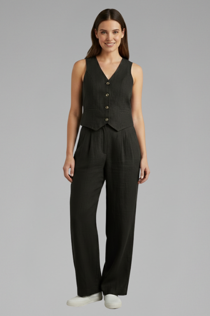 Yael | Women's Two-Piece Set | V-Neck Waistcoat Wide Trousers