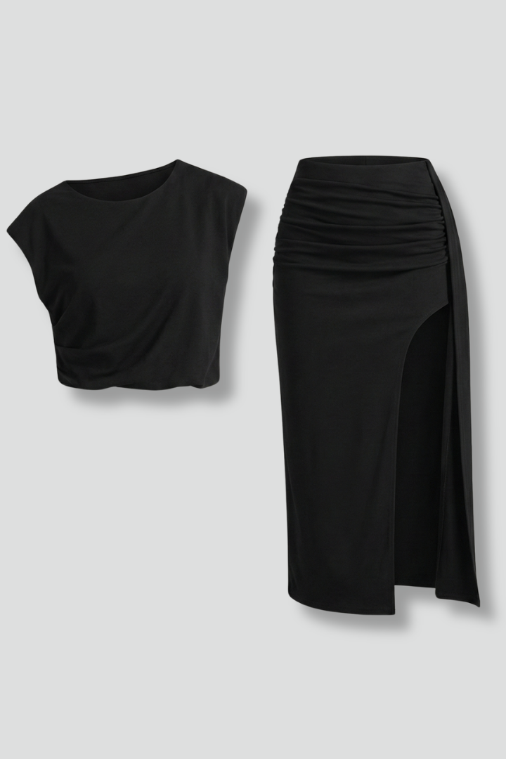 Sthenele | Women's Two Piece Set | Asymmetric Top Midi Skirt
