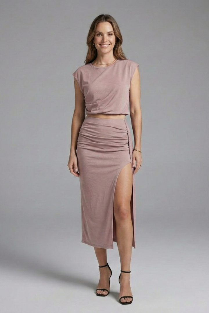 Sthenele | Women's Two Piece Set | Asymmetric Top Midi Skirt
