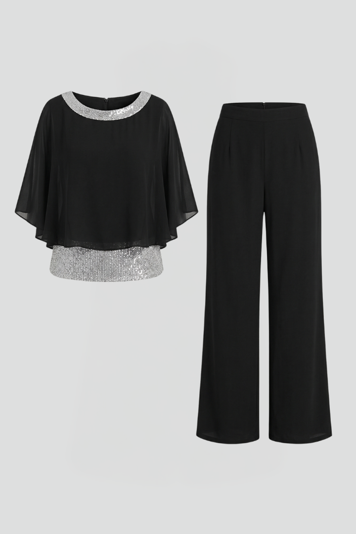 Nova | Women's Two Piece Set | Embellished Neckline Wide Leg Trousers