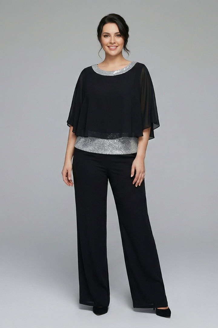 Nova | Women's Two Piece Set | Embellished Neckline Wide Leg Trousers