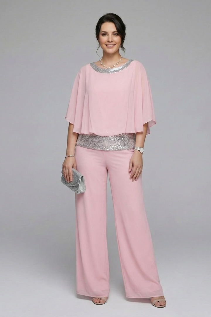 Nova | Women's Two Piece Set | Embellished Neckline Wide Leg Trousers