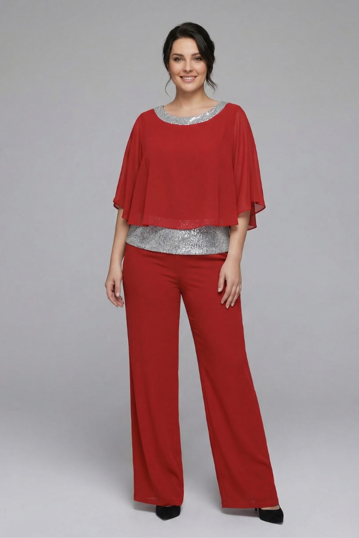 Nova | Women's Two Piece Set | Embellished Neckline Wide Leg Trousers