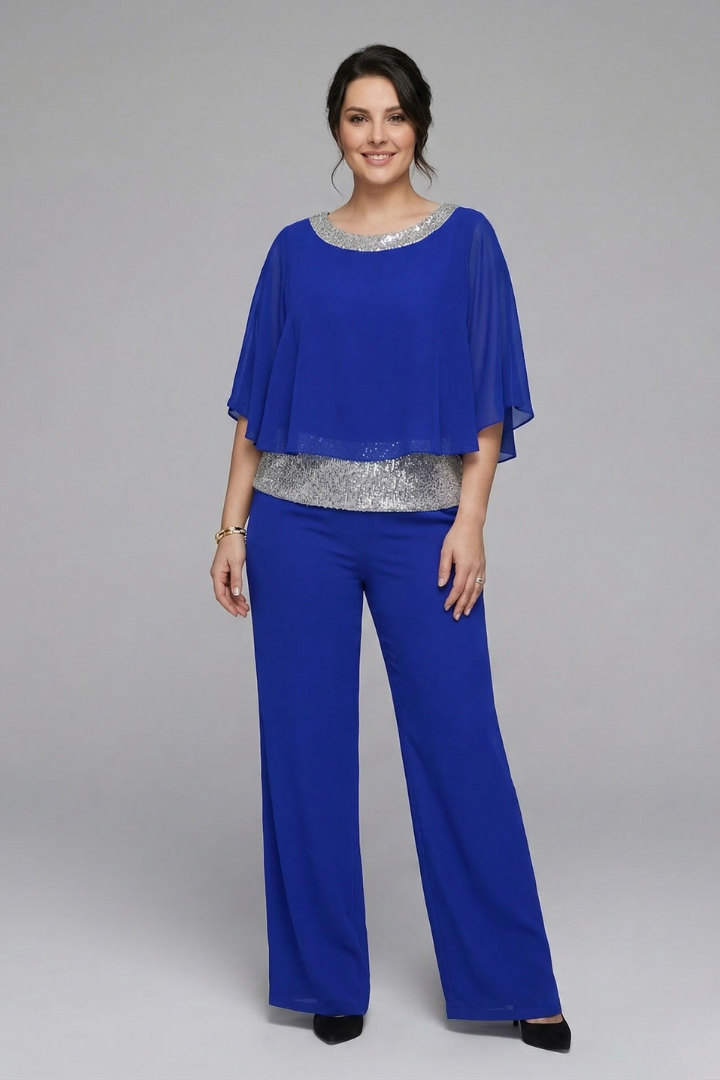 Nova | Women's Two Piece Set | Embellished Neckline Wide Leg Trousers