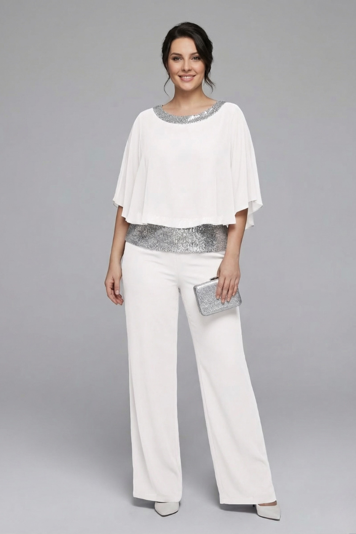 Nova | Women's Two Piece Set | Embellished Neckline Wide Leg Trousers