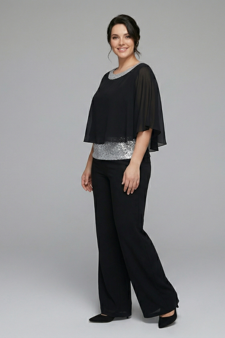 Nova | Women's Two Piece Set | Embellished Neckline Wide Leg Trousers