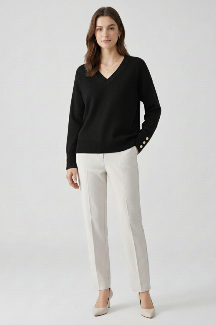 Piper | Women's Sweater | V-Neck Dropped Shoulders Buttoned Cuffs