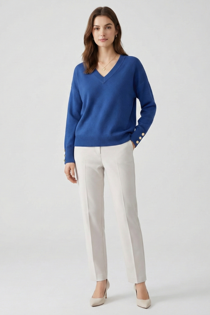 Piper | Women's Sweater | V-Neck Dropped Shoulders Buttoned Cuffs