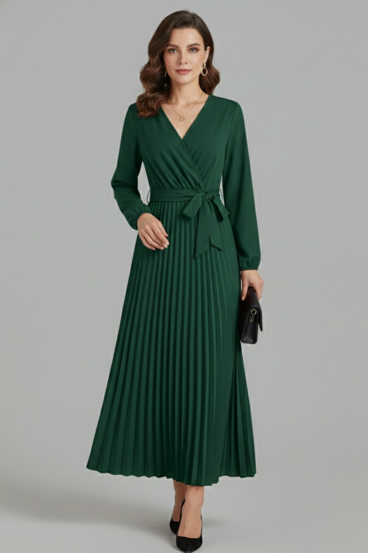 Sexburh | Women's V-Neck Maxi Dress | Pleated Skirt Tie Waist