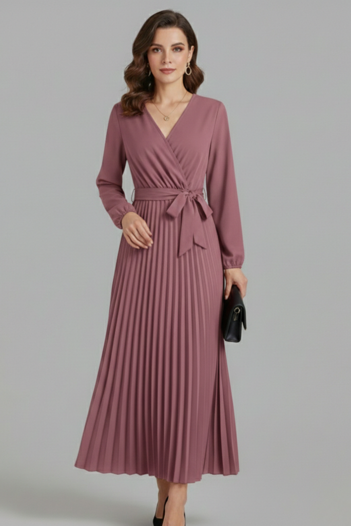 Sexburh | Women's V-Neck Maxi Dress | Pleated Skirt Tie Waist
