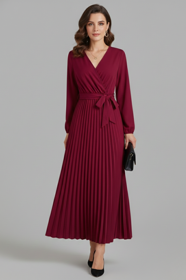 Sexburh | Women's V-Neck Maxi Dress | Pleated Skirt Tie Waist
