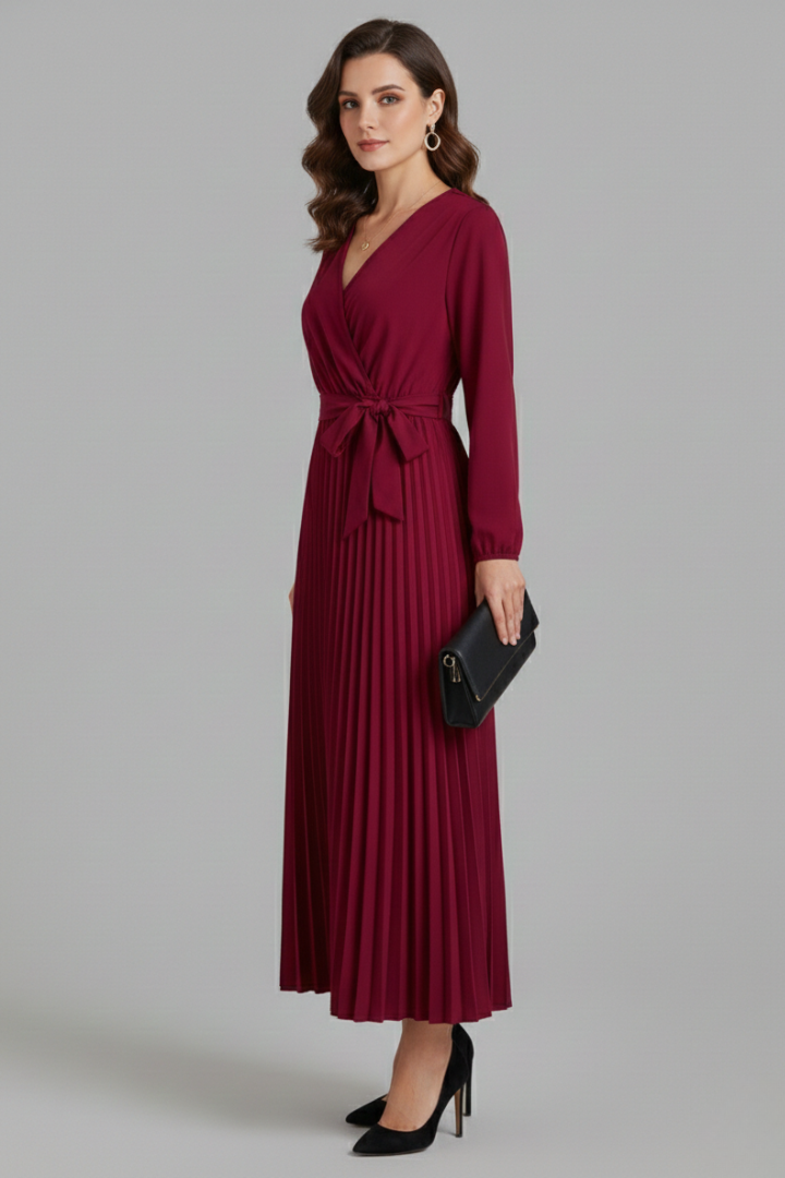 Sexburh | Women's V-Neck Maxi Dress | Pleated Skirt Tie Waist