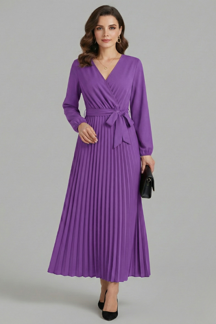 Sexburh | Women's V-Neck Maxi Dress | Pleated Skirt Tie Waist