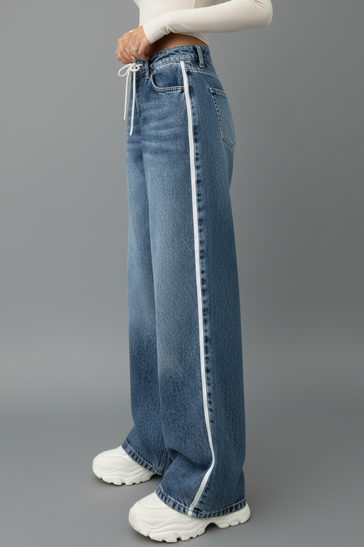 Avva | Women's Jeans | Wide-Leg Drawstring Waist Side Stripe