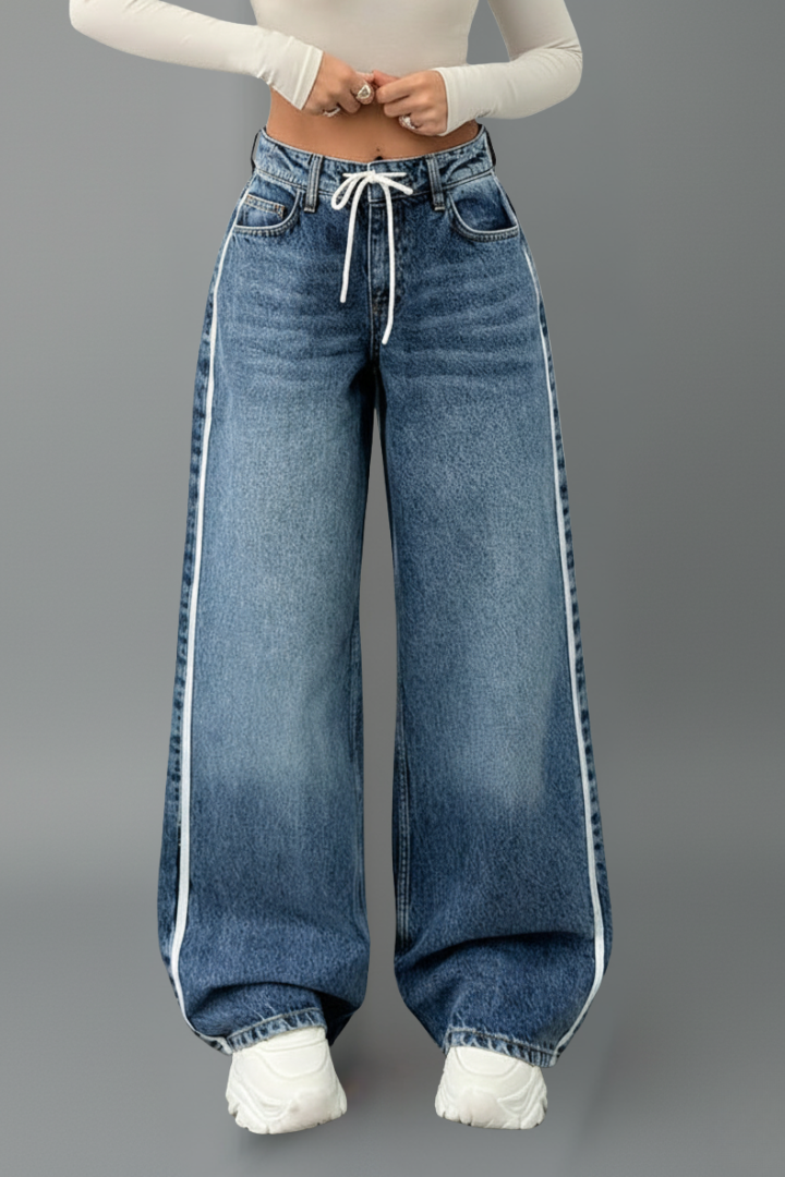 Avva | Women's Jeans | Wide-Leg Drawstring Waist Side Stripe