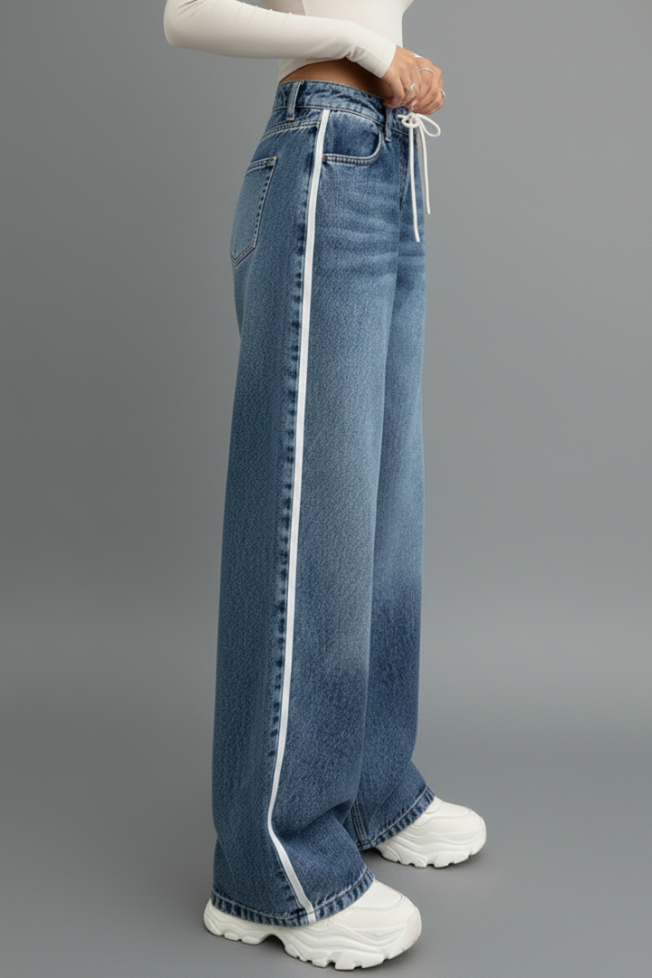 Avva | Women's Jeans | Wide-Leg Drawstring Waist Side Stripe