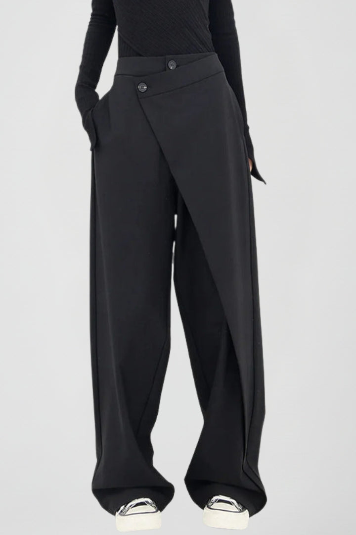 Yevgenia | Women's Trousers | Wide-Leg Asymmetric Front High Waist