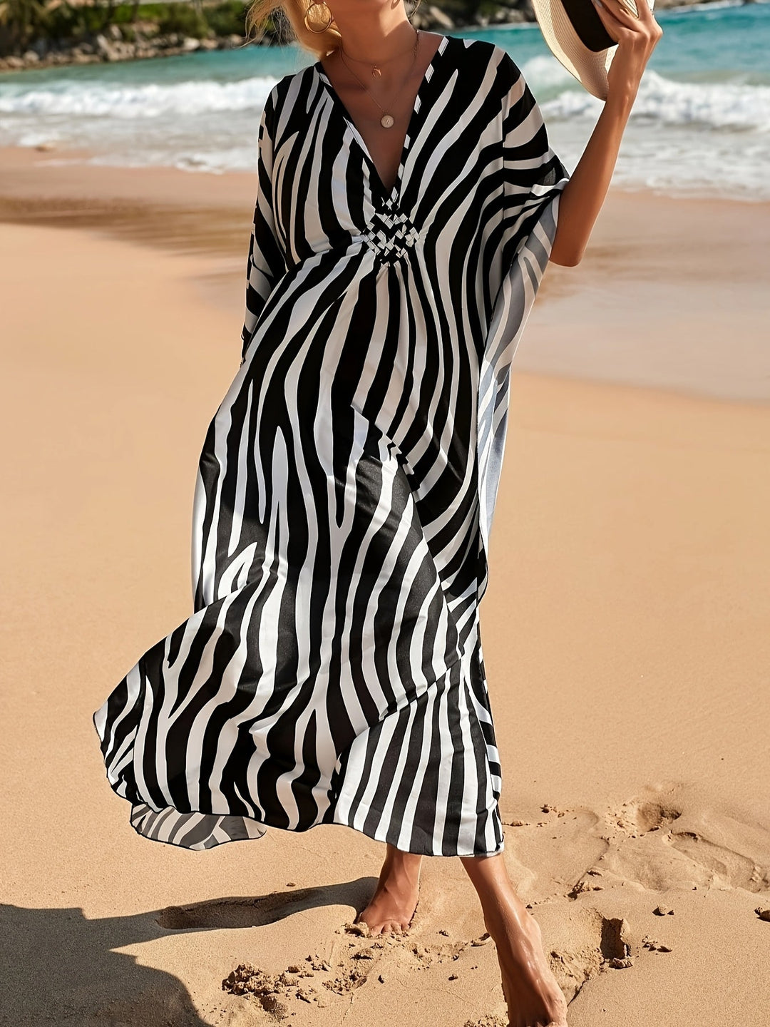 Women's Beach Dress Zebra Print V-Neck | Maxi