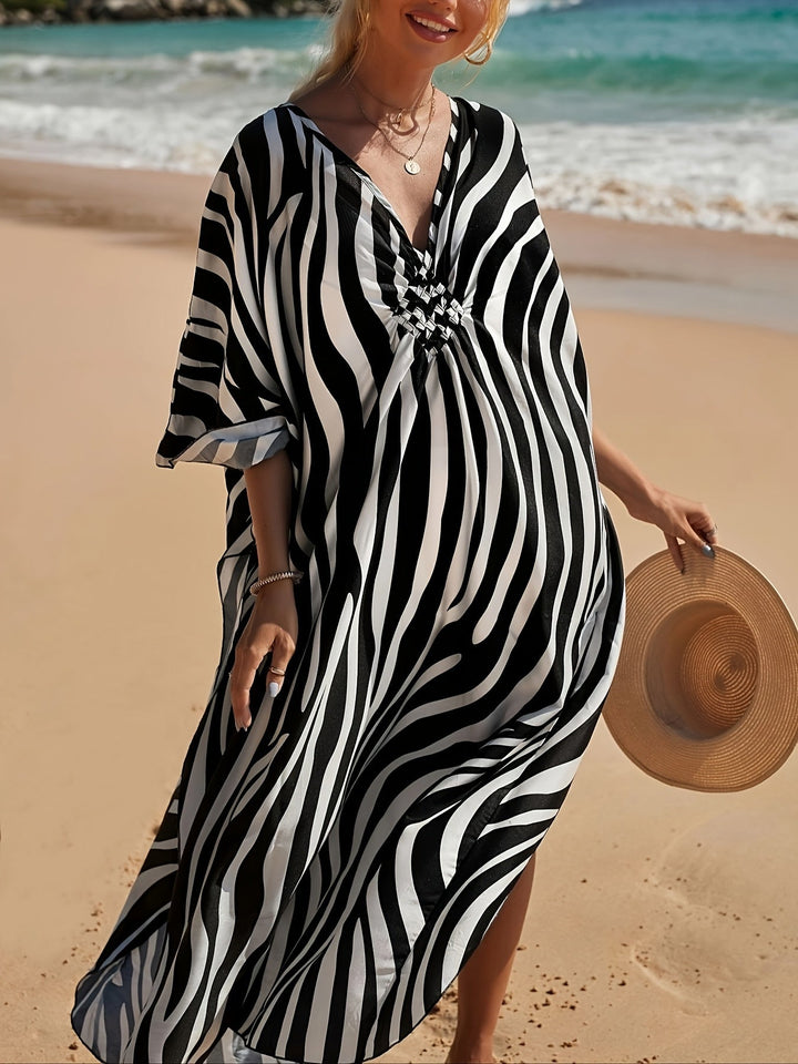 Women's Beach Dress Zebra Print V-Neck | Maxi
