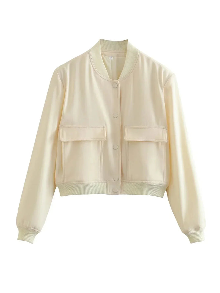 Iokaste | Women's Cropped Bomber Jacket | Snap Button Flap Pocket