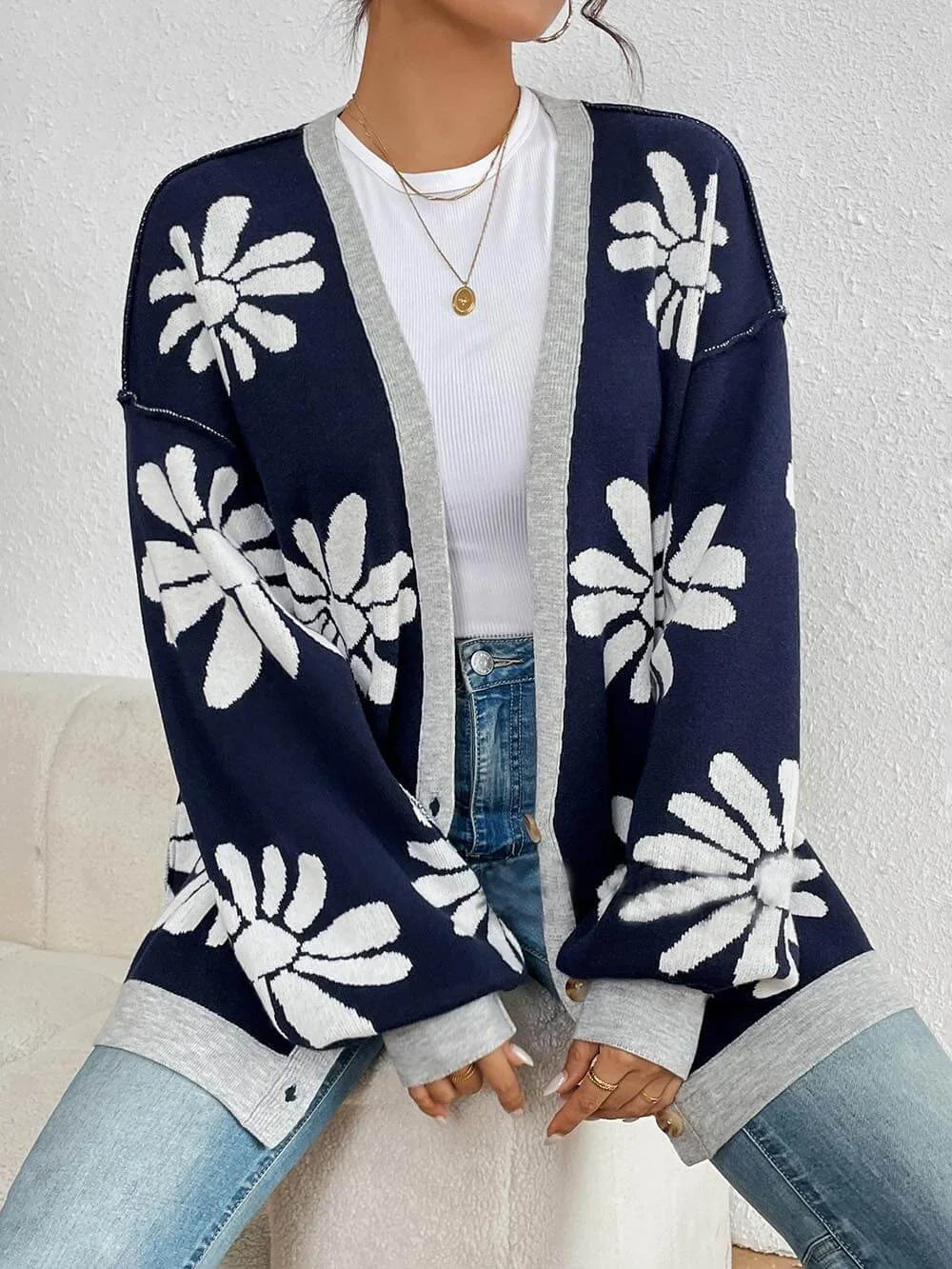 Oumou | Women's Oversized Knit Cardigan | Floral Print Casual