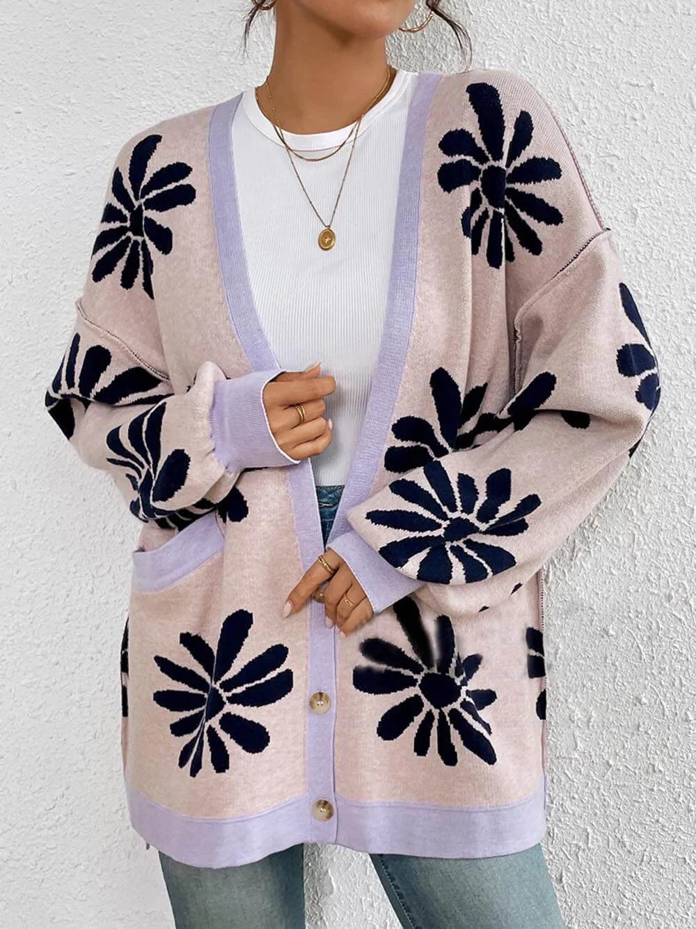 Oumou | Women's Oversized Knit Cardigan | Floral Print Casual