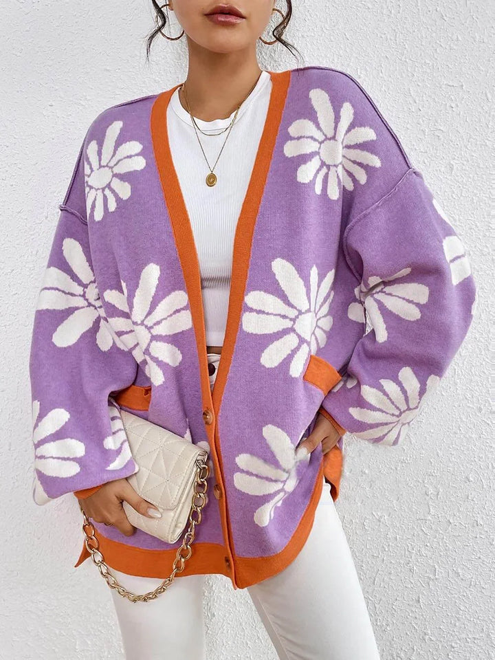 Oumou | Women's Oversized Knit Cardigan | Floral Print Casual