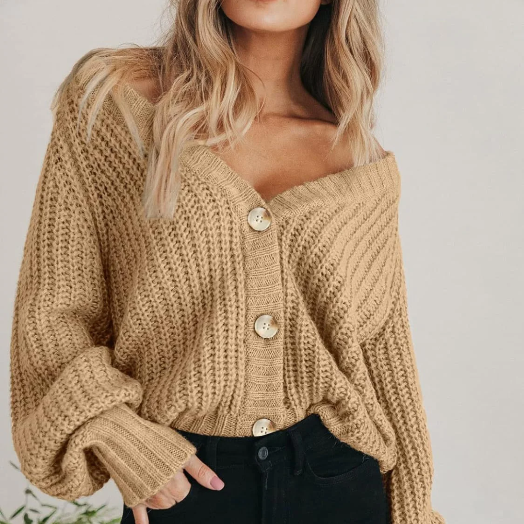 Rowena | Women's Chunky Knit Cardigan | Oversized Balloon Sleeve V-Neck